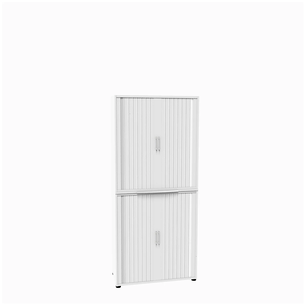 Two-part, white cabinet with grooved doors and silver handles, against a white background.