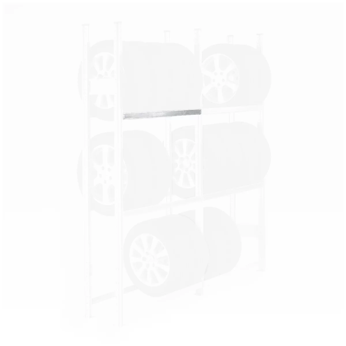 Steel shelf with four tires. The focus is on a metal support.