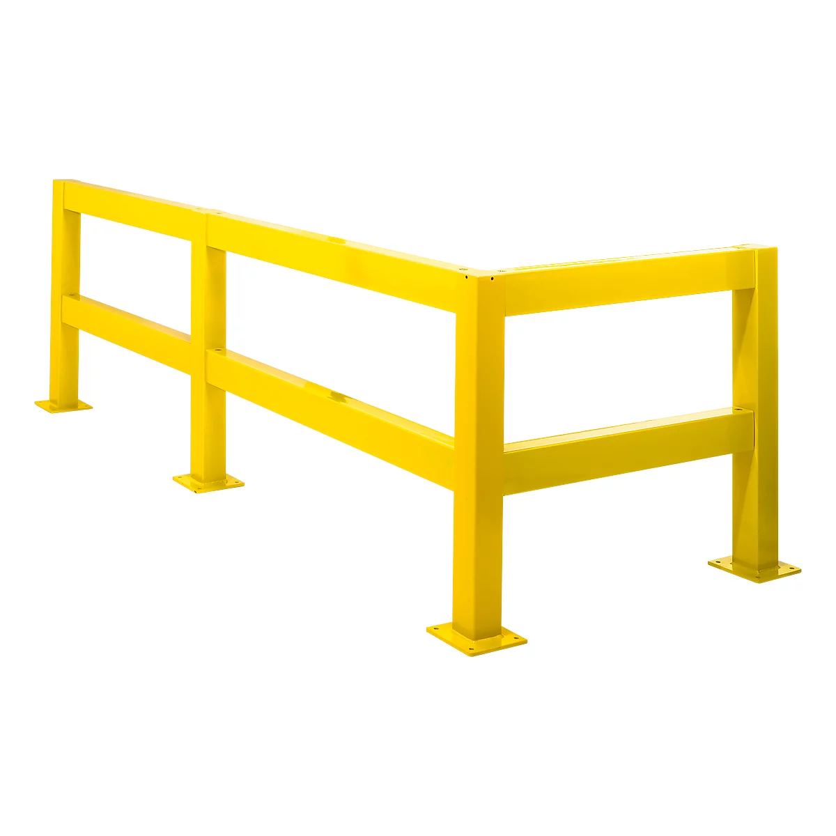 Yellow painted railing with rectangular posts and horizontal bars. It stands on a white surface.