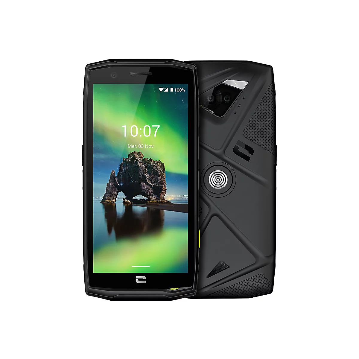 Schwarzes Smartphone, Vorder- und Rückseite. Display zeigt Landschaftsbild mit Uhrzeit 10:07. Rückseite mit Kamera und geprägter Oberfläche.