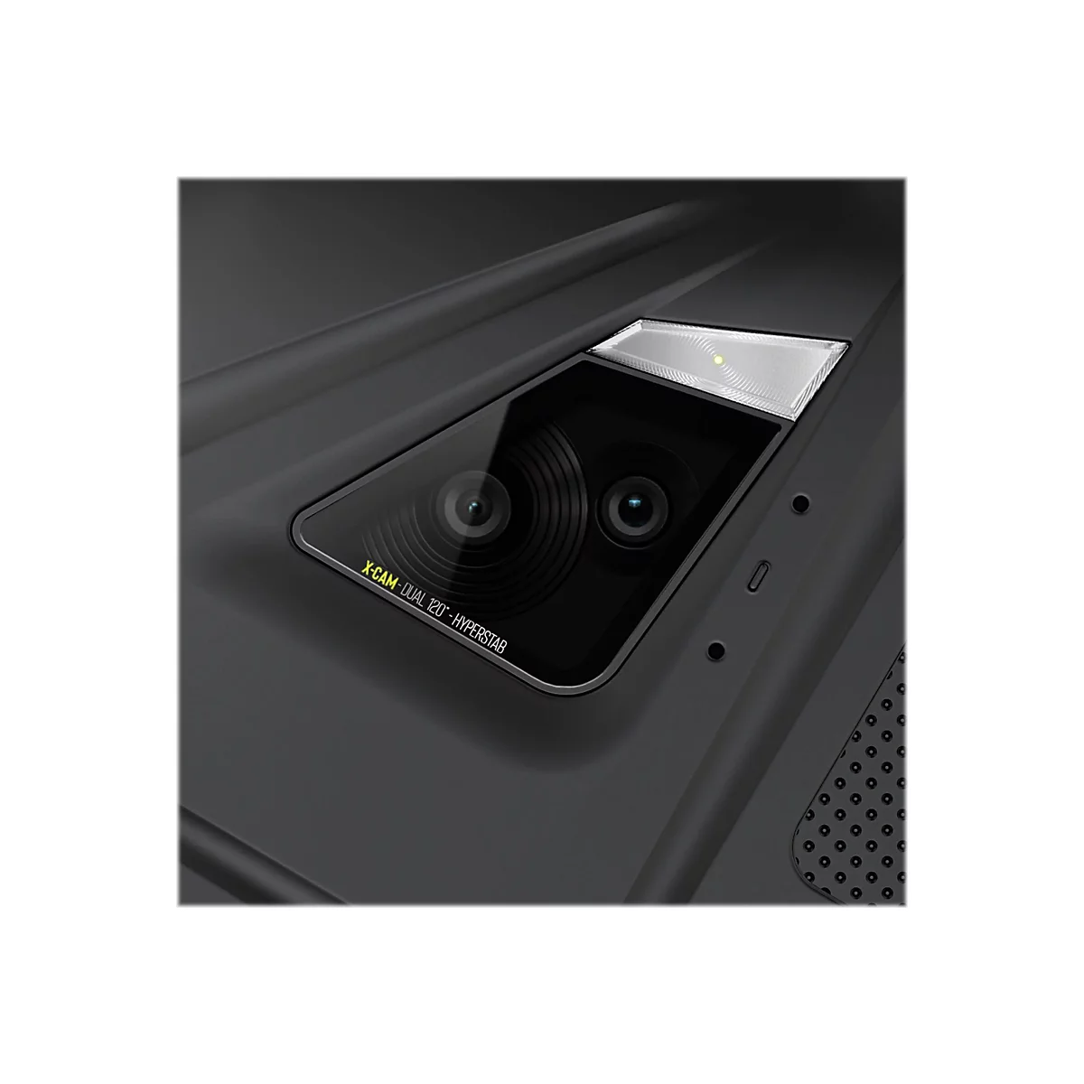 Nahaufnahme einer Kamera. Der Text "X-CAM - DUAL 120° - HYPERSTAB" ist sichtbar.