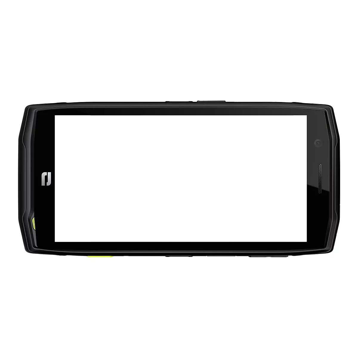 Ein schwarzes Smartphone mit großem, weißem Bildschirm. An den Rändern befinden sich Details wie eine Kamera und ein Logo.