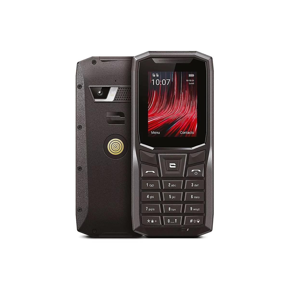 Dunkelgraues Mobiltelefon mit roten Display-Details. Ein zweites, zur Seite gedrehtes Telefon, zeigt die Rückseite mit Kamera und Logo.