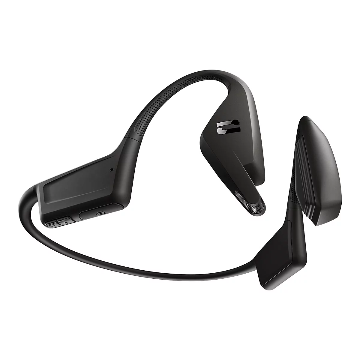 Schwarze Bone-Conduction-Kopfhörer mit ergonomischem Nackenbügel vor weißem Hintergrund.