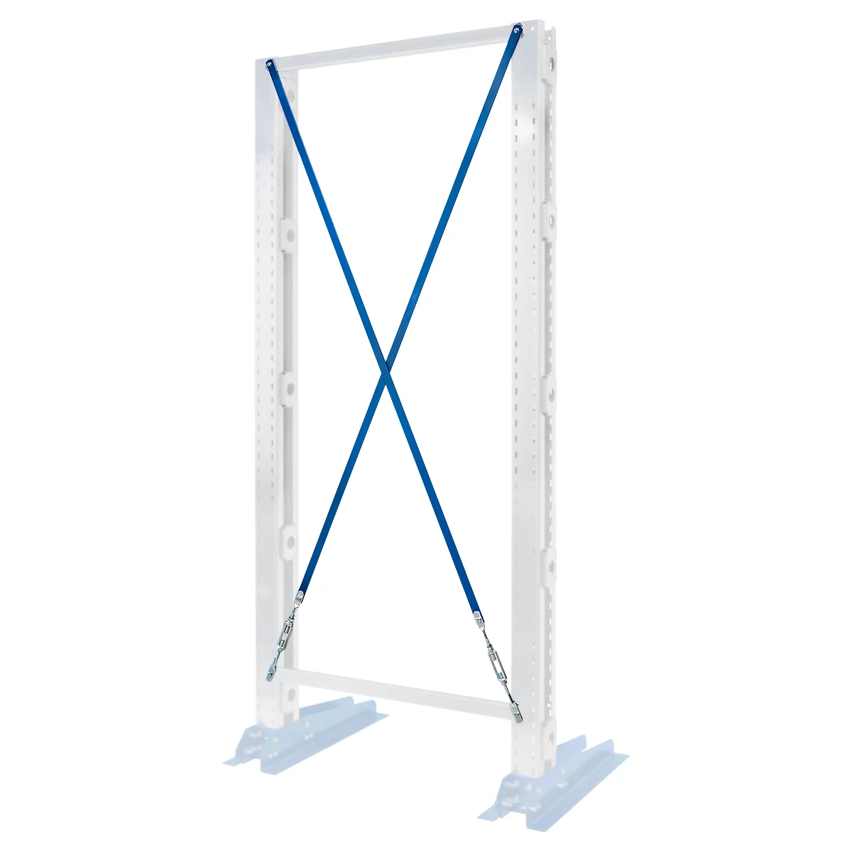 Scaffolding frame with blue diagonal struts. The struts cross in the middle, attached to the frame ends.