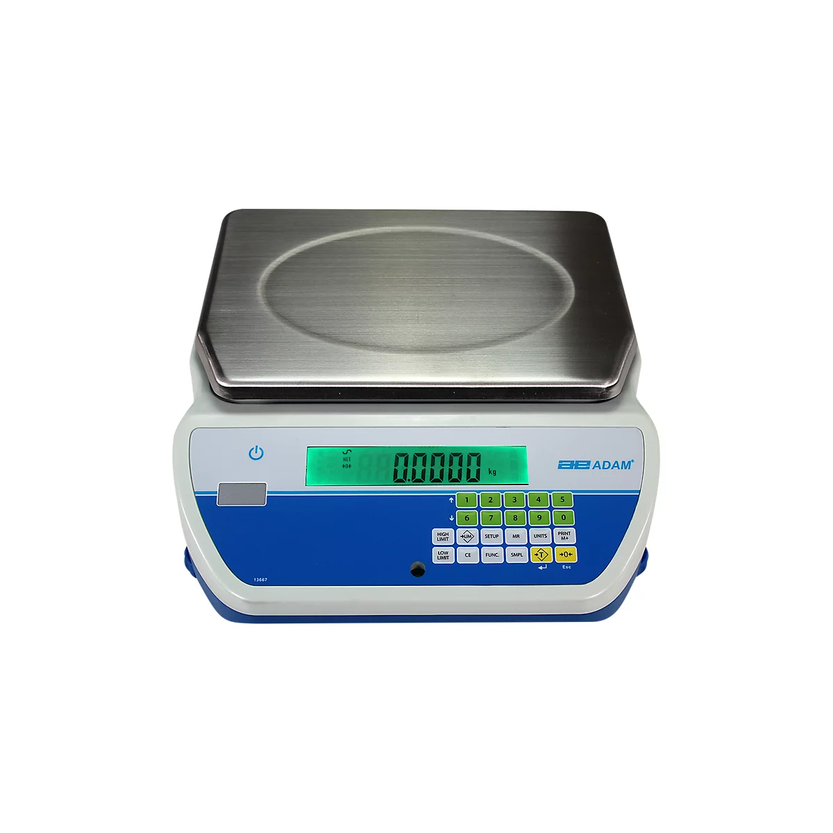 Digital scale displaying 0.0000. Stainless steel weighing surface, blue and white casing, keypad.