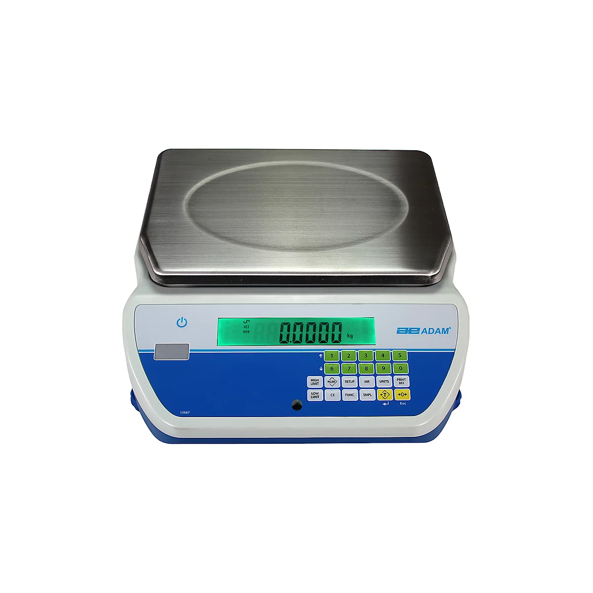 Digital scale displaying 0.0000 kg. Stainless steel top, white and blue housing with buttons, and the ADAM logo.