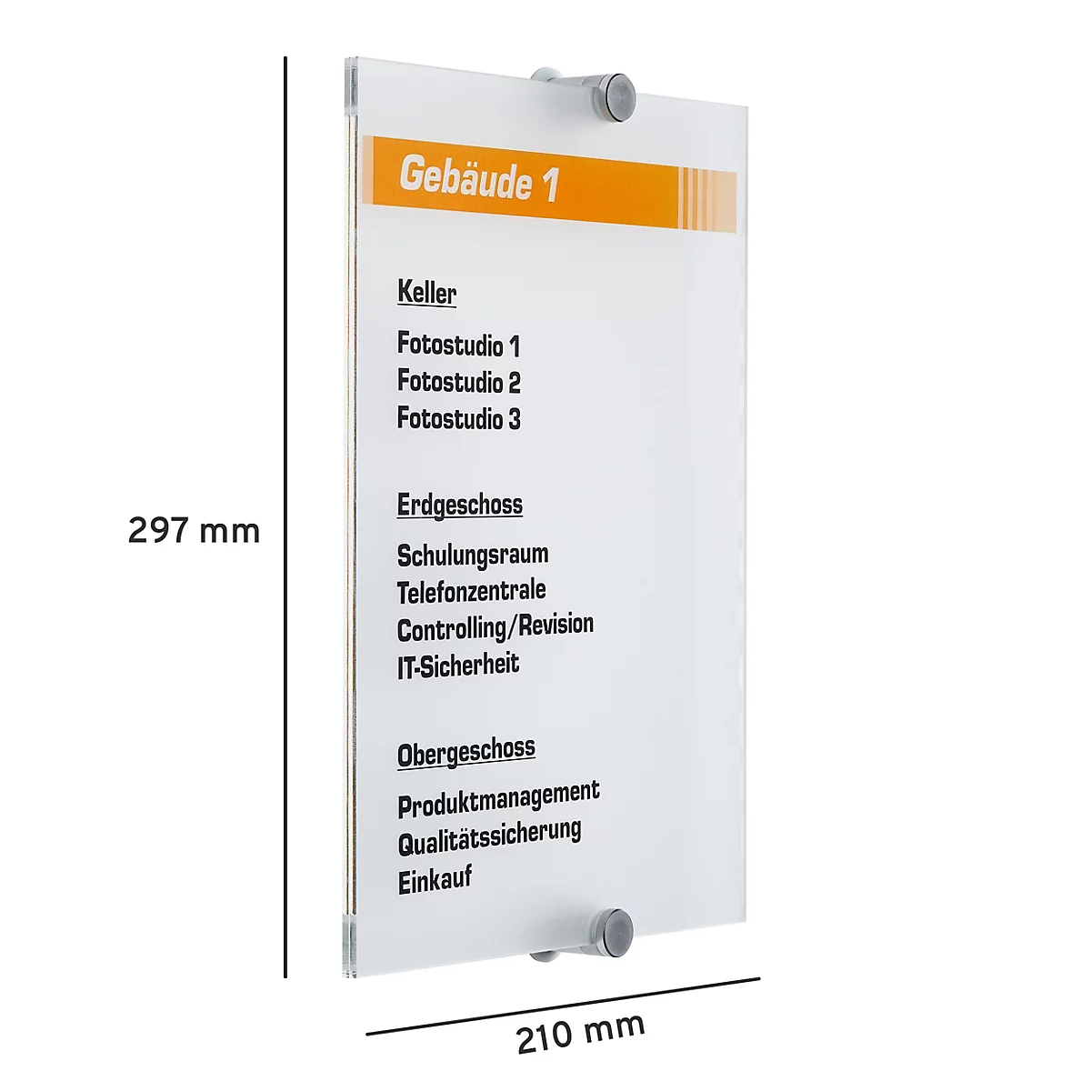 Transparant kantoorbord met plattegrond en kamerindeling. Opschrift: Gebouw 1, verdiepingsaanduidingen en kamernamen.