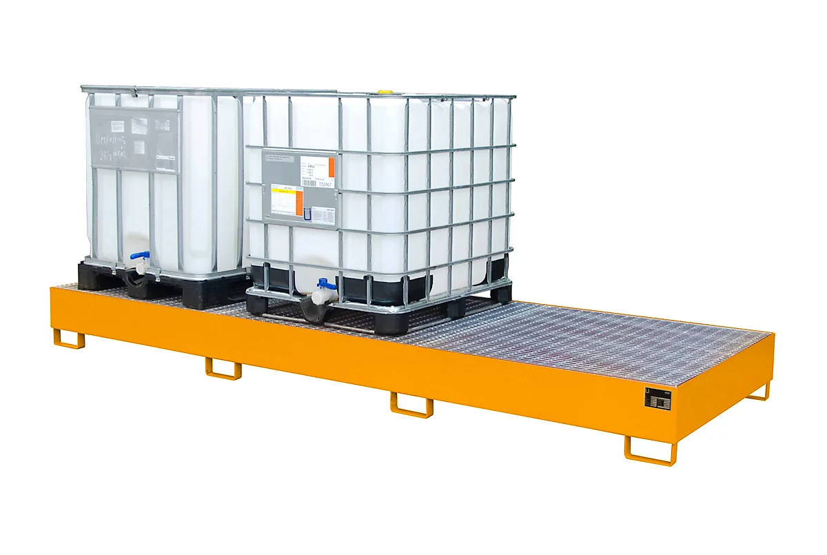 Cubeta AW 1000-3, para 3 contenedores IBC de 1000 l o 10 bidones de 200 l, L 3850 x A 1300 x H 340 mm, accesible por debajo, amarillo-naranja