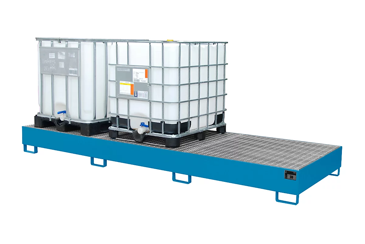 Cubeta AW 1000-3, para 3 contenedores IBC de 1000 l o 10 bidones de 200 l, L 3850 x A 1300 x H 340 mm, accesible por debajo, azul claro