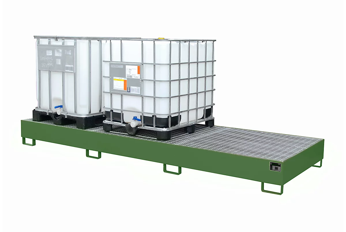 Cubeta AW 1000-3, para 3 contenedores IBC de 1000 l o 10 bidones de 200 l, L 3850 x A 1300 x H 340 mm, accesible por debajo, verde reseda