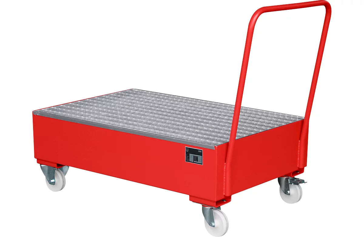 Cubeta colectora de acero con ruedas + asidero, 1200 x 800 mm, rojo RAL 3000