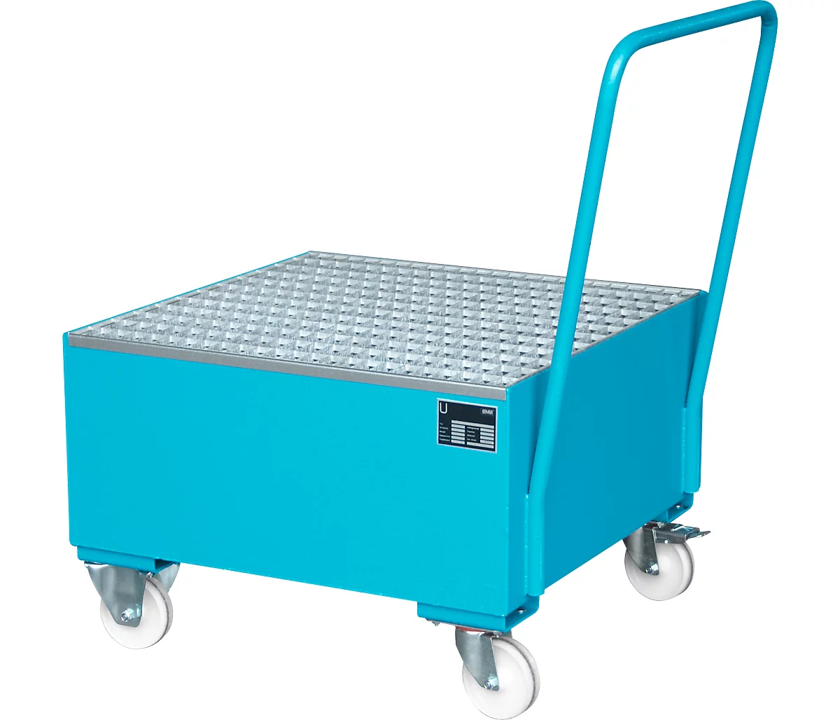 Cubeta colectora de acero con ruedas + asidero, 800 x 800 mm, azul RAL 5012
