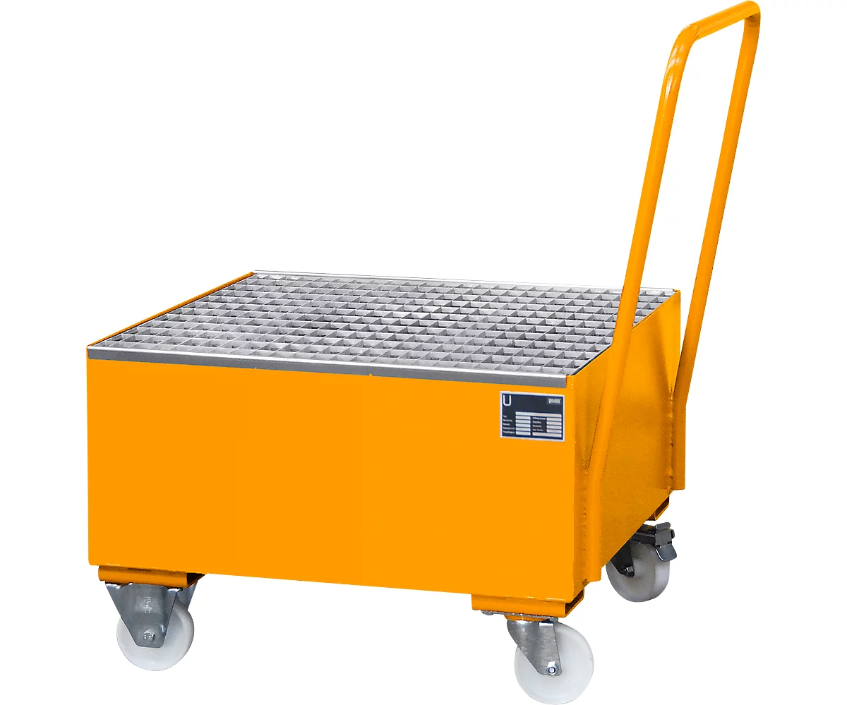 Cubeta colectora de acero con ruedas + asidero, 800 x 800 mm, naranja RAL 2000