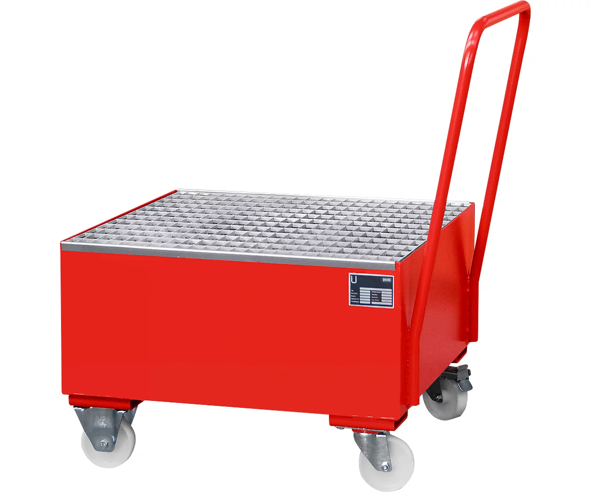 Cubeta colectora de acero con ruedas + asidero, 800 x 800 mm, rojo RAL 3000