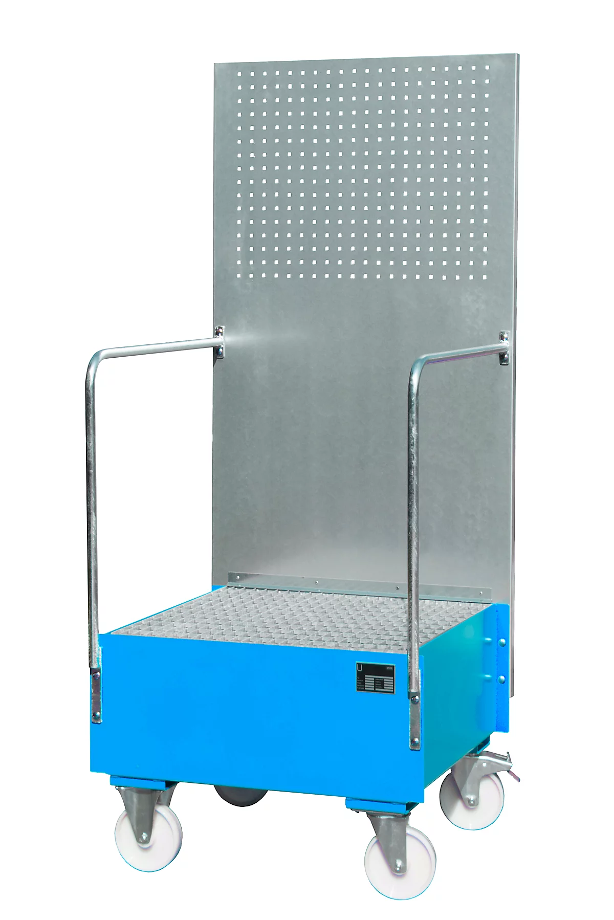 Cubeta colectora móvil con pared de placas perforadas, de acero, capacidad 1 barril de 200 l, azul