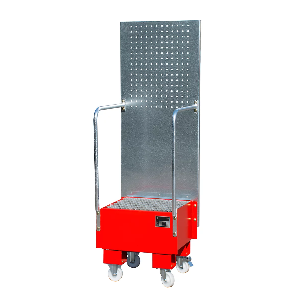 Cubeta colectora móvil con pared de placas perforadas, de acero, capacidad 1 barril de 60 l, rojo