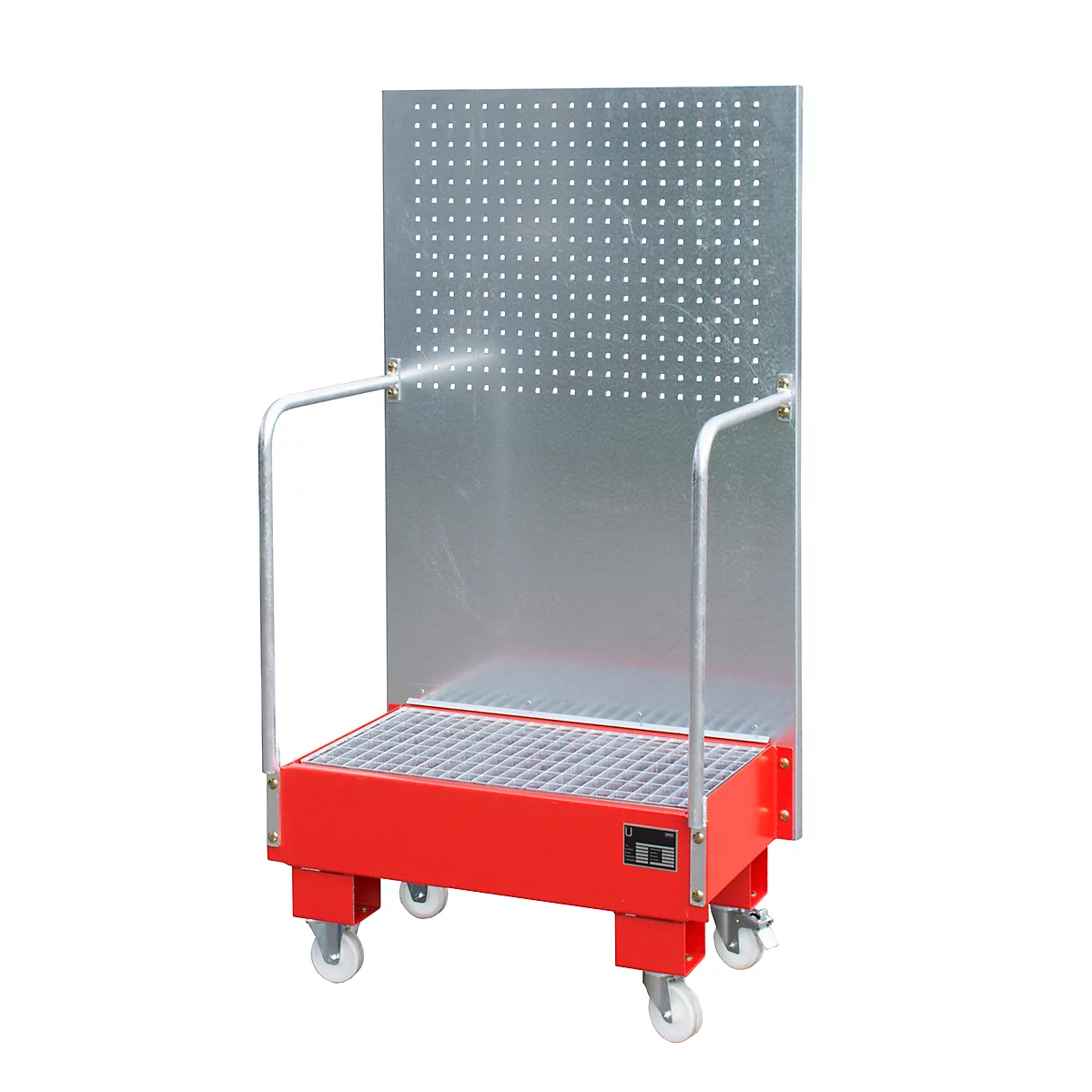 Cubeta colectora móvil LPW 60-2, con pared de placas perforadas, de acero, capacidad 2 barriles de 60 l, rojo