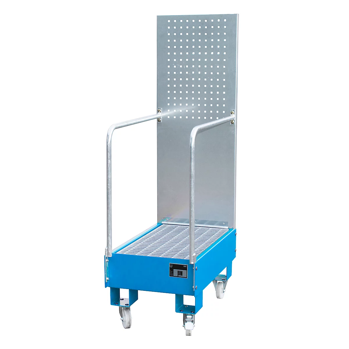 Cubeta colectora móvil LPW 60-3, con pared de placas perforadas, de acero, capacidad 2 barriles de 60 l, azul