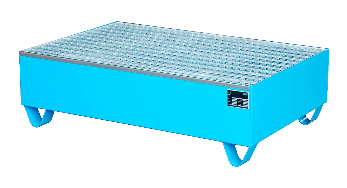 Cubeta, para 2 bidones de 200 l, con rejilla galvanizada, L 1200 x A 800 x H 360 mm, accesible con silla de ruedas, acero, azul claro RAL 5012