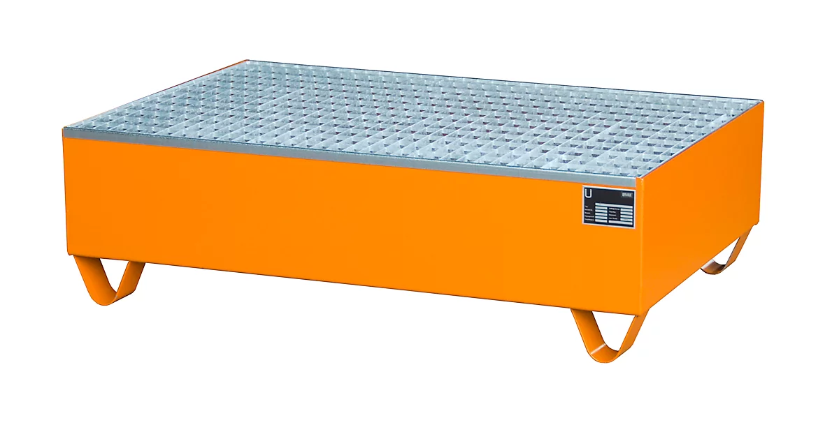 Cubeta, para 2 bidones de 200 l, con rejilla galvanizada, L 1200 x A 800 x H 360 mm, accesible por debajo, acero, amarillo-naranja RAL 2000