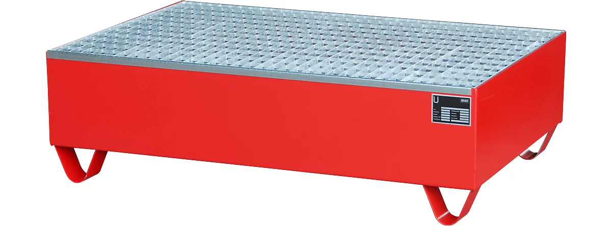 Cubeta, para 2 bidones de 200 l, con rejilla galvanizada, L 1200 x A 800 x H 360 mm, accesible por debajo, acero, rojo fuego RAL 3000