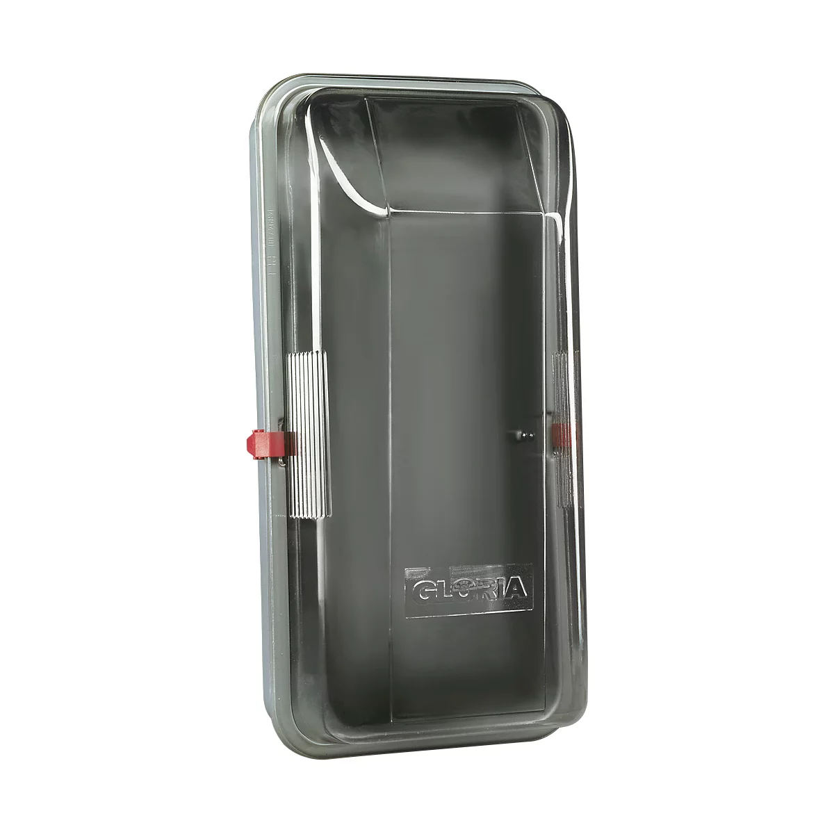Caja gris transparente cerrada con cierres rojos, con la palabra 'GLORIA'.