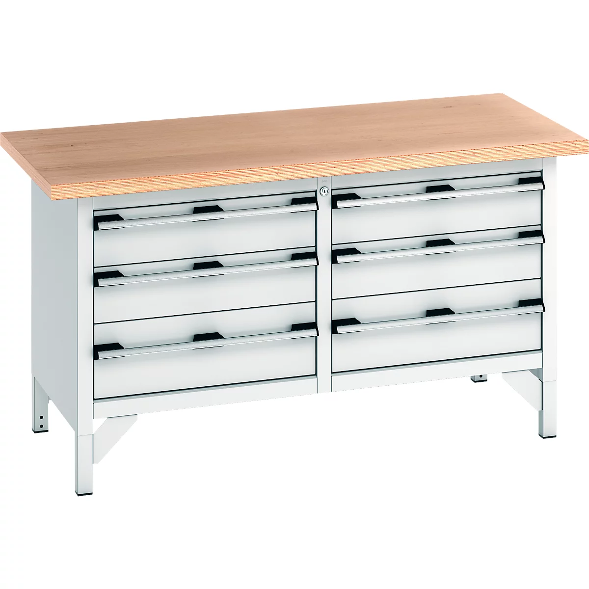 Werkbank mit hellem Holzbrett und sechs Schubladen, weiß lackiert. Schwarze Griffe. Die Beine sind aus Metall.