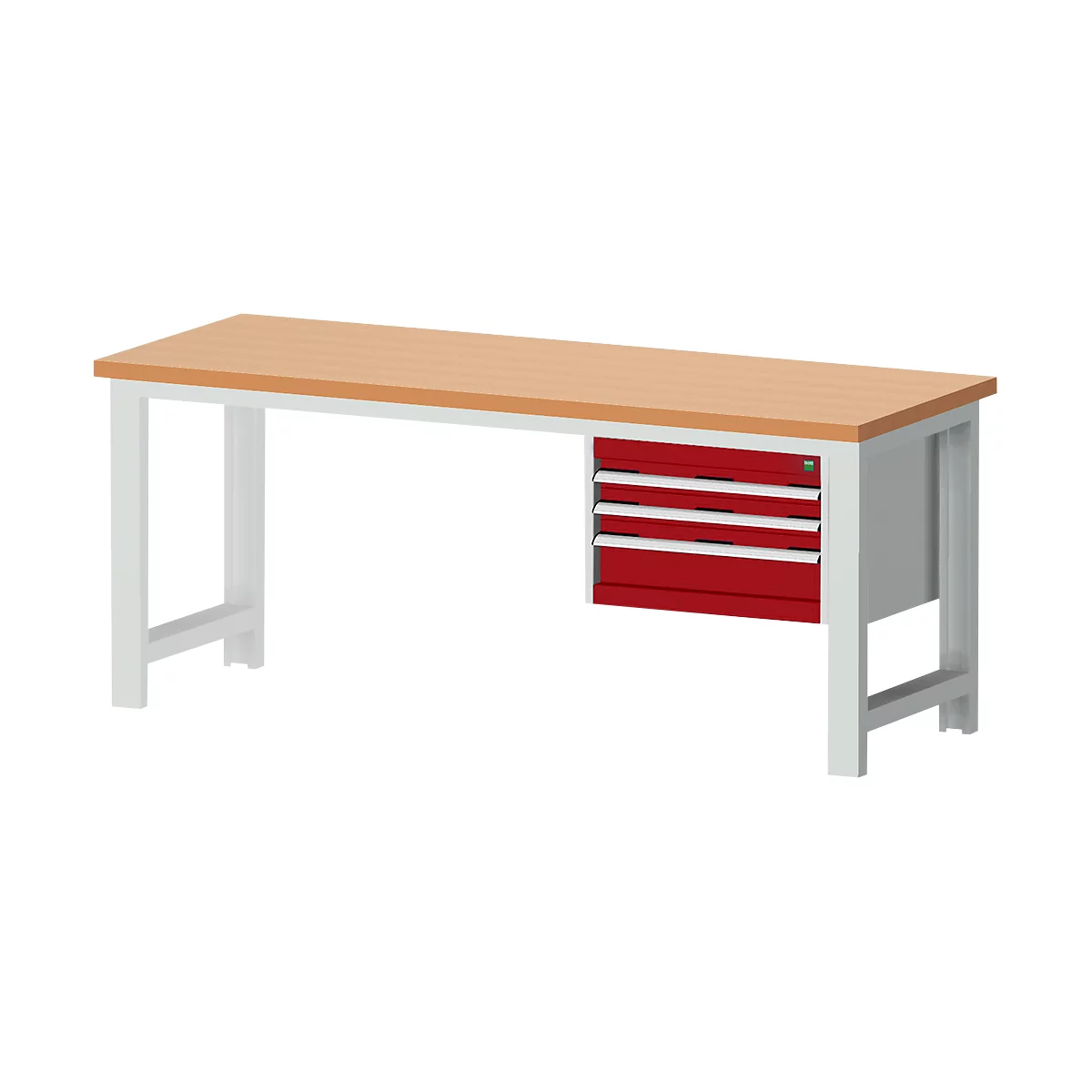Workbench with wooden top and red drawers. It stands on white metal legs.