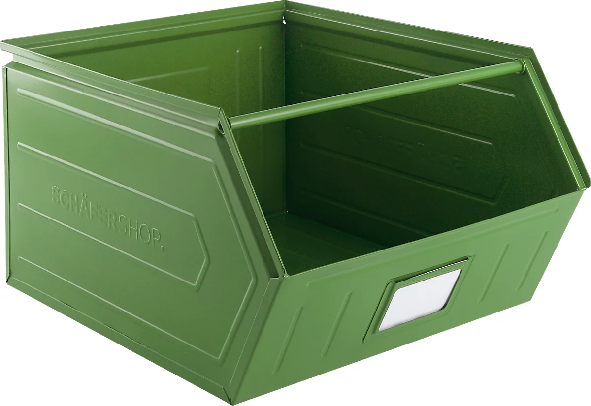 Cubo de almacenamiento abierto Schäfer Shop Select, con barra de apoyo, L 550 x An 458 x Al 300 mm, 60 l, 130 kg, acero, RAL 6011 (verde resada)