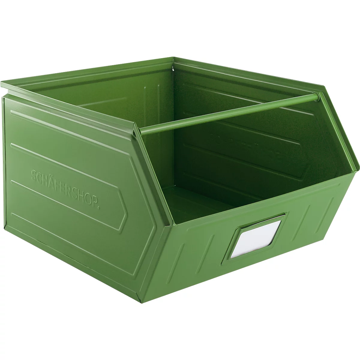 Cubo de almacenamiento abierto Schäfer Shop Select, con barra de apoyo, L 550 x An 458 x Al 300 mm, 60 l, 130 kg, acero, RAL 6011 (verde resada)