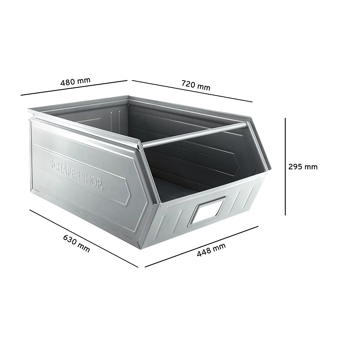 Cubo de almacenamiento abierto Schäfer Shop Select, con barra de apoyo, L 732 x An 459 x Al 300 mm, 84 l, 180 kg, acero, electrocincado
