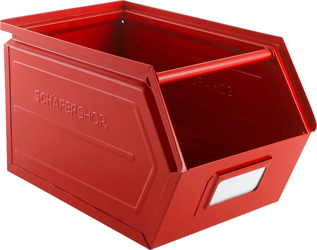 Cubo de almacenamiento abierto Schäfer Shop Select, con barra de transporte, L 377 x An 211 x Al 201 mm, 11,5 l, 60 kg, acero, RAL 3000 (rojo fuego)