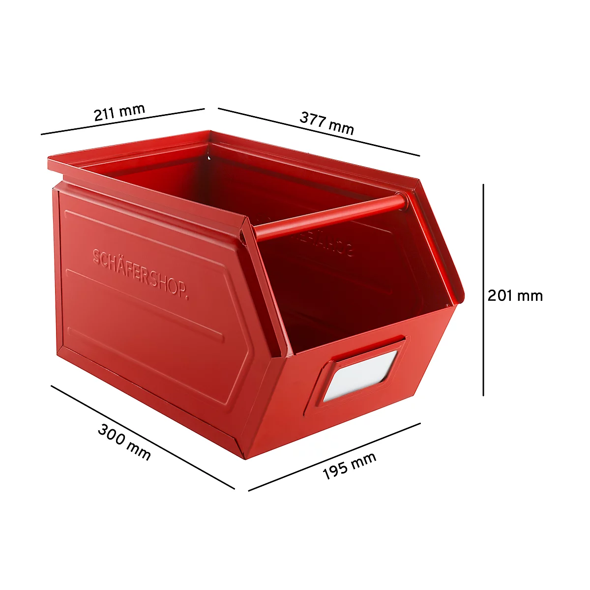 Cubo de almacenamiento abierto Schäfer Shop Select, con barra de transporte, L 377 x An 211 x Al 201 mm, 11,5 l, 60 kg, acero, RAL 3000 (rojo fuego)