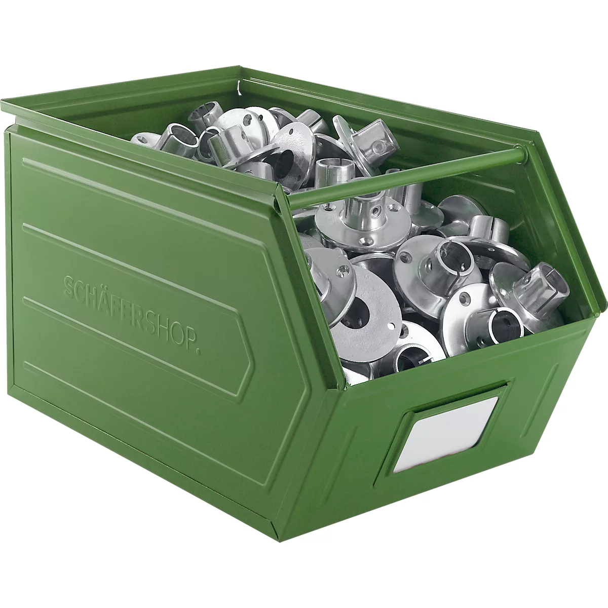 Cubo de almacenamiento abierto Schäfer Shop Select, con barra de transporte, L 550 x An 307 x Al 298 mm, 40 l, 150 kg, acero, RAL 6011 (verde resada)