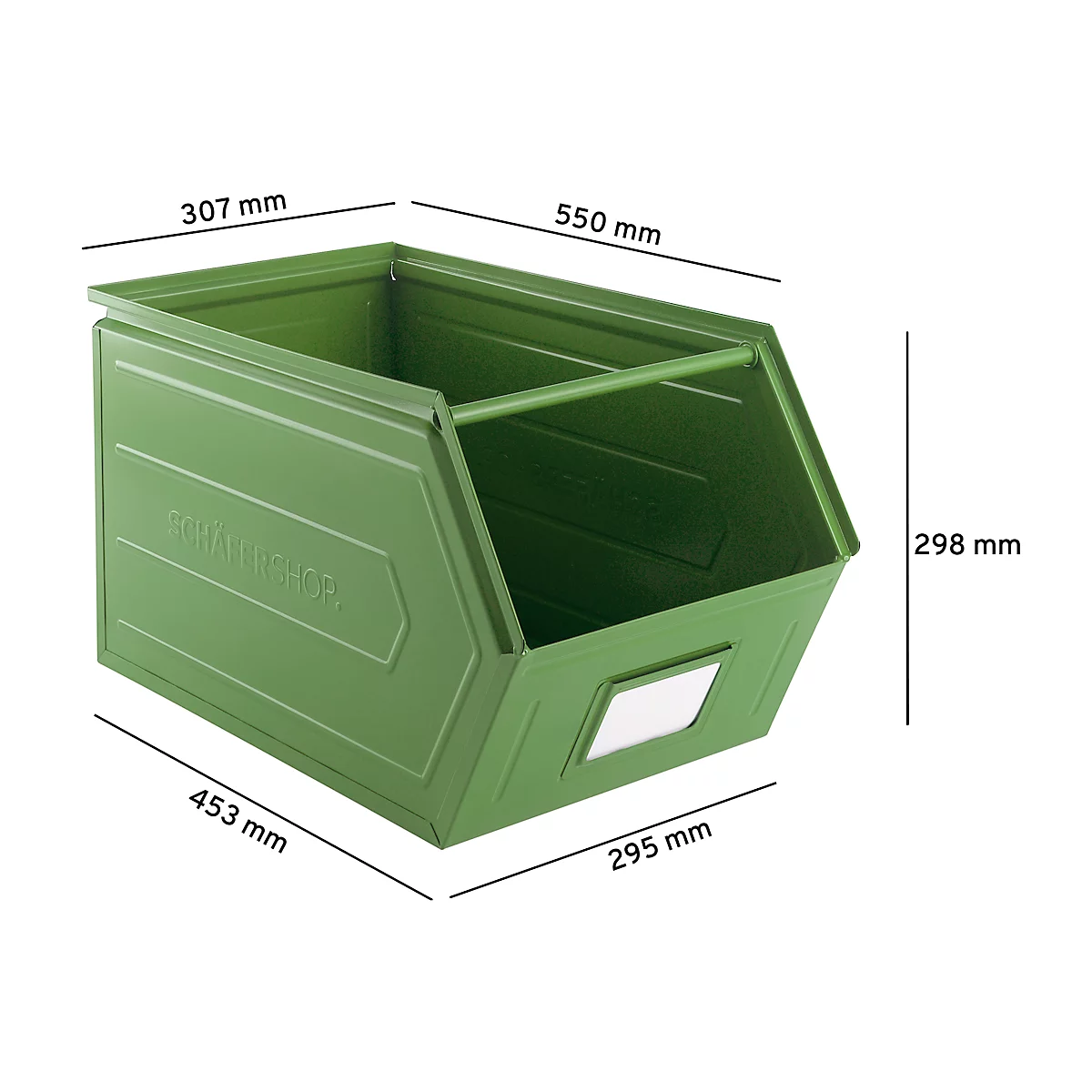 Cubo de almacenamiento abierto Schäfer Shop Select, con barra de transporte, L 550 x An 307 x Al 298 mm, 40 l, 150 kg, acero, RAL 6011 (verde resada)