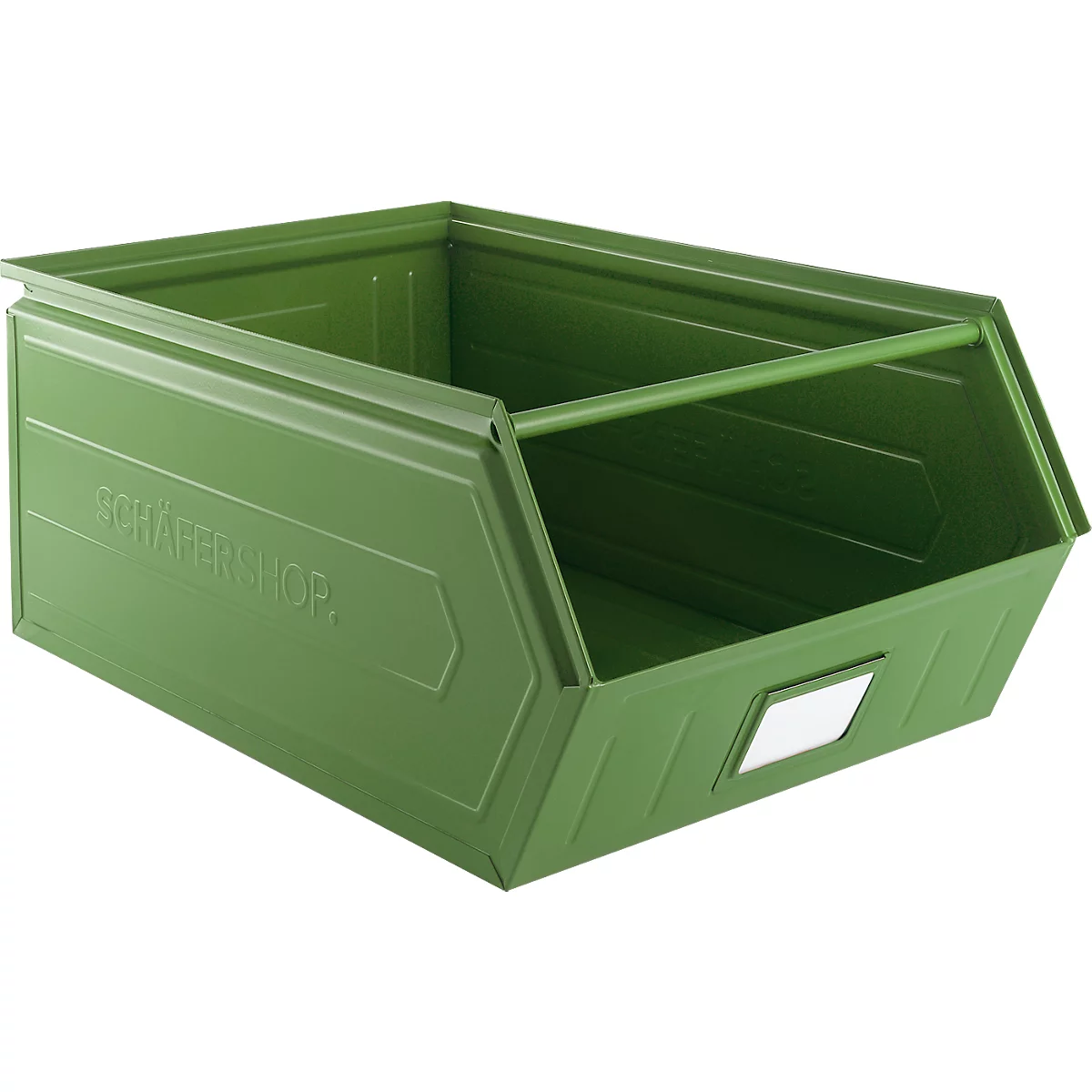 Cubo de almacenamiento abierto Schäfer Shop Select, con barra de transporte, L 732 x An 459 x Al 300 mm, 84 l, 180 kg, acero, RAL 6011 (verde resada)