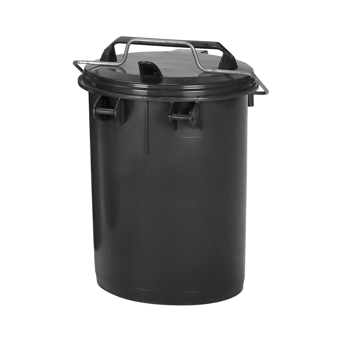 Cubo de basura negro con tapa y asa metálica.