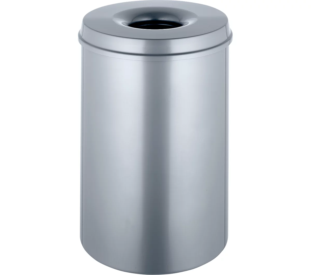 Cubo de basura, para uso interior, volumen 30 l, tapa autoextinguible, Ø 335 x H 470 mm, acero con recubrimiento de polvo, plata/plata