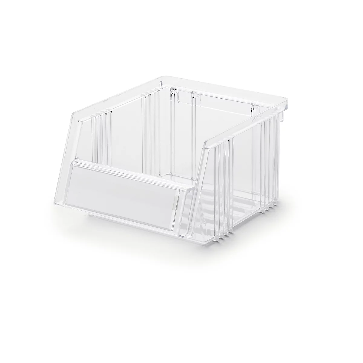 Caja de almacenamiento rectangular de plástico transparente con frente abierto para un fácil acceso.