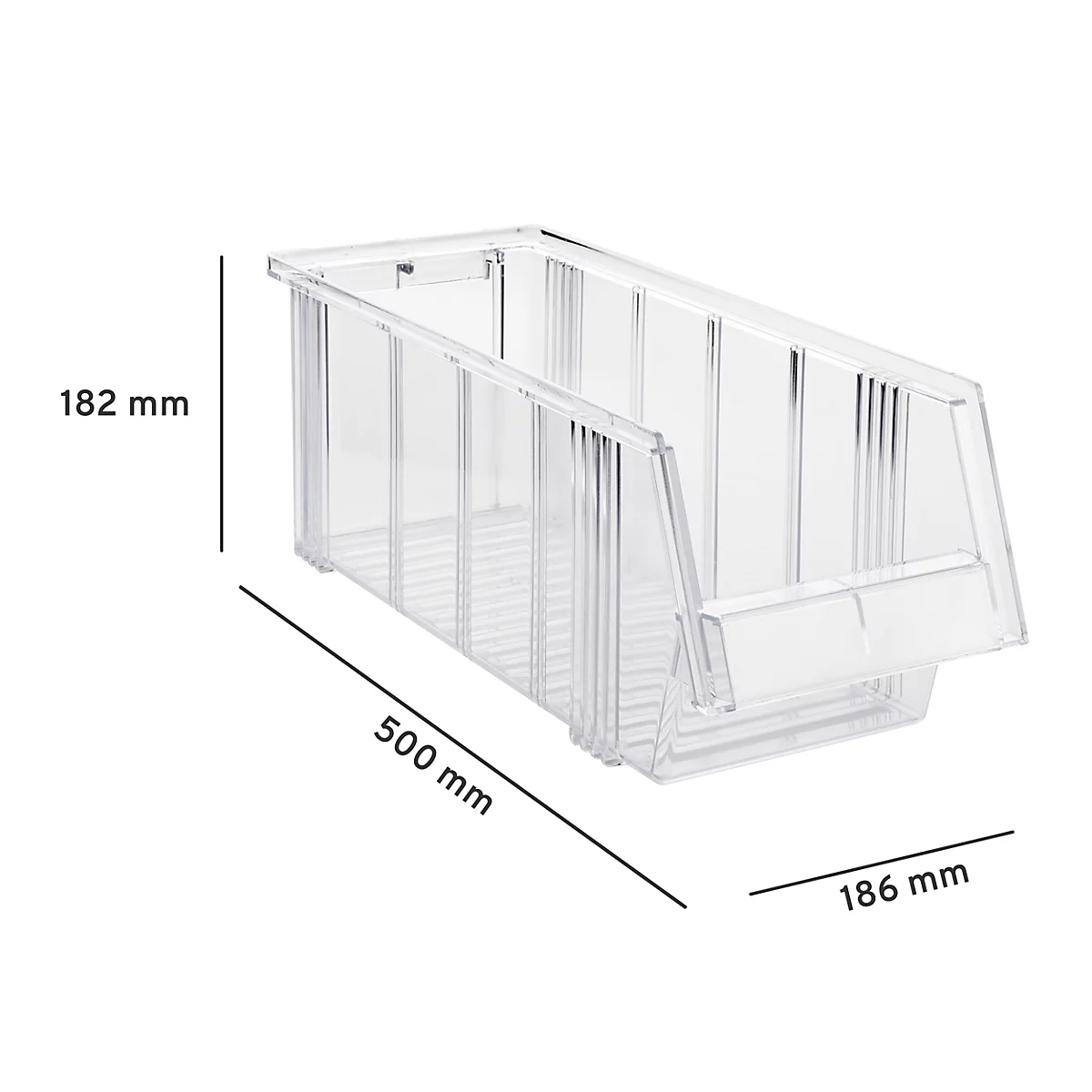Caja de almacenamiento transparente con dimensiones 182 mm de alto, 500 mm de largo y 186 mm de ancho sobre fondo blanco.
