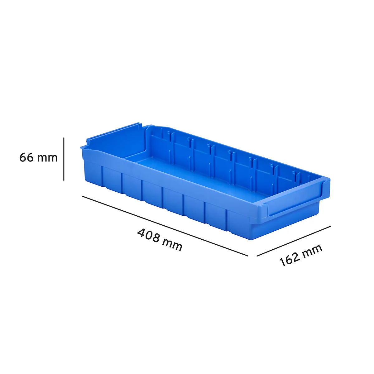 Cubo de estantería RK 400, poliestireno, L 408 x A 162 x H 66 mm, 8 compartimentos, para estanterías de 400 mm de profundidad, azul