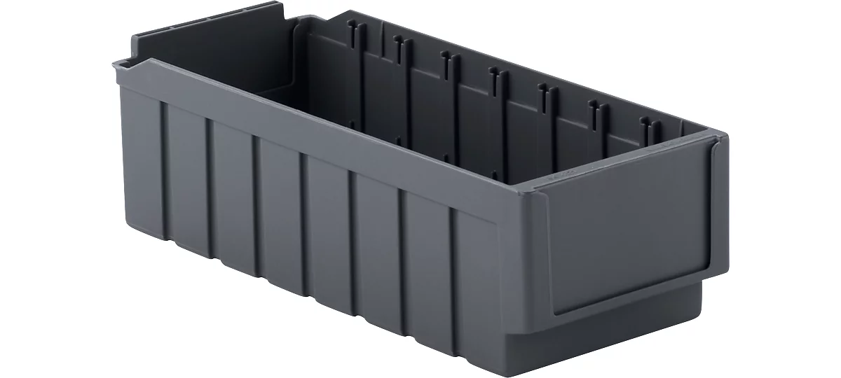 Cubo de estantería RK 421, polipropileno, L 408 x A 162 x H 115 mm, 8 compartimentos, para estanterías de 400 mm de profundidad, gris acero, plástico reciclado, juego de 16 piezas