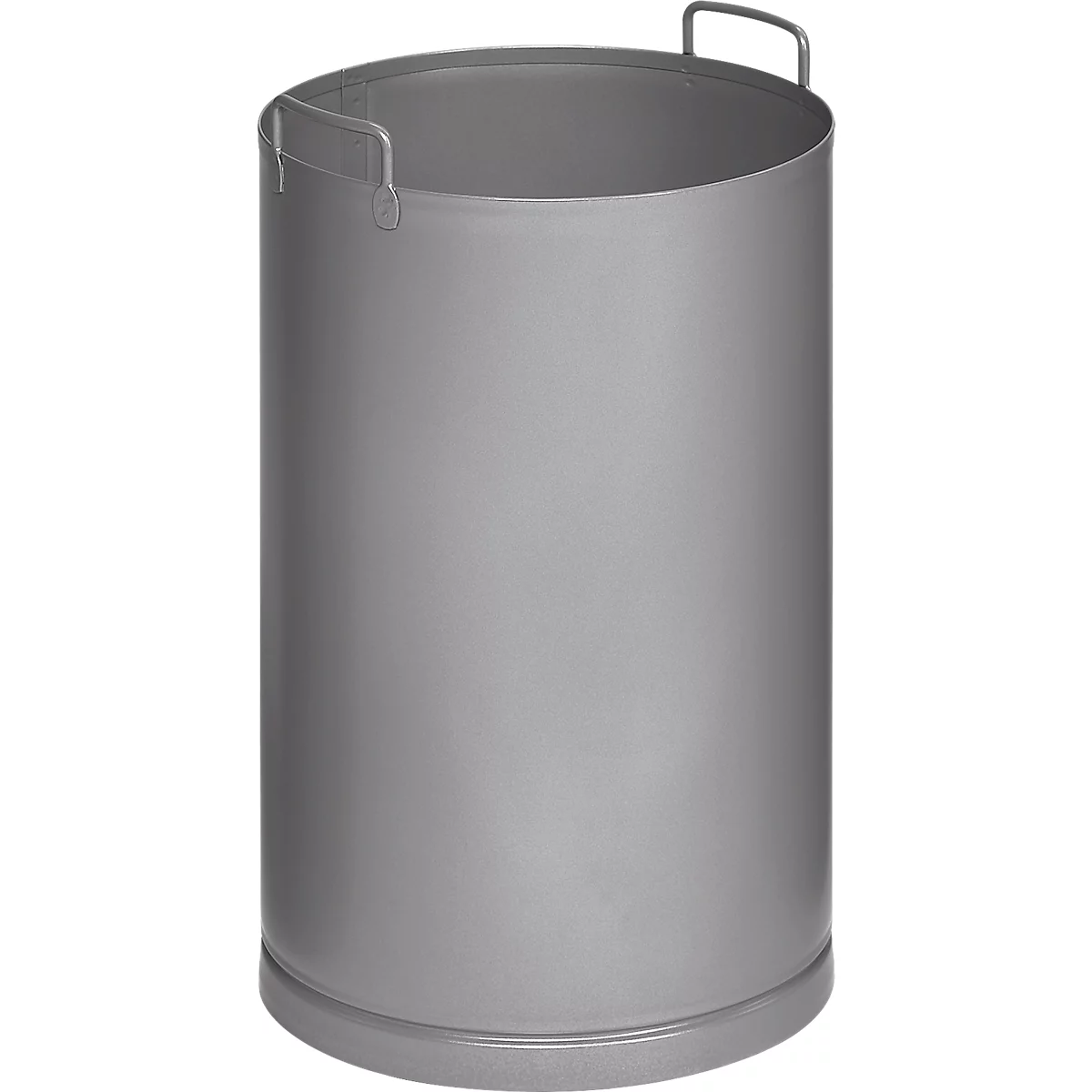 Contenedor cilíndrico de metal con asas. Color gris, diseño sencillo.