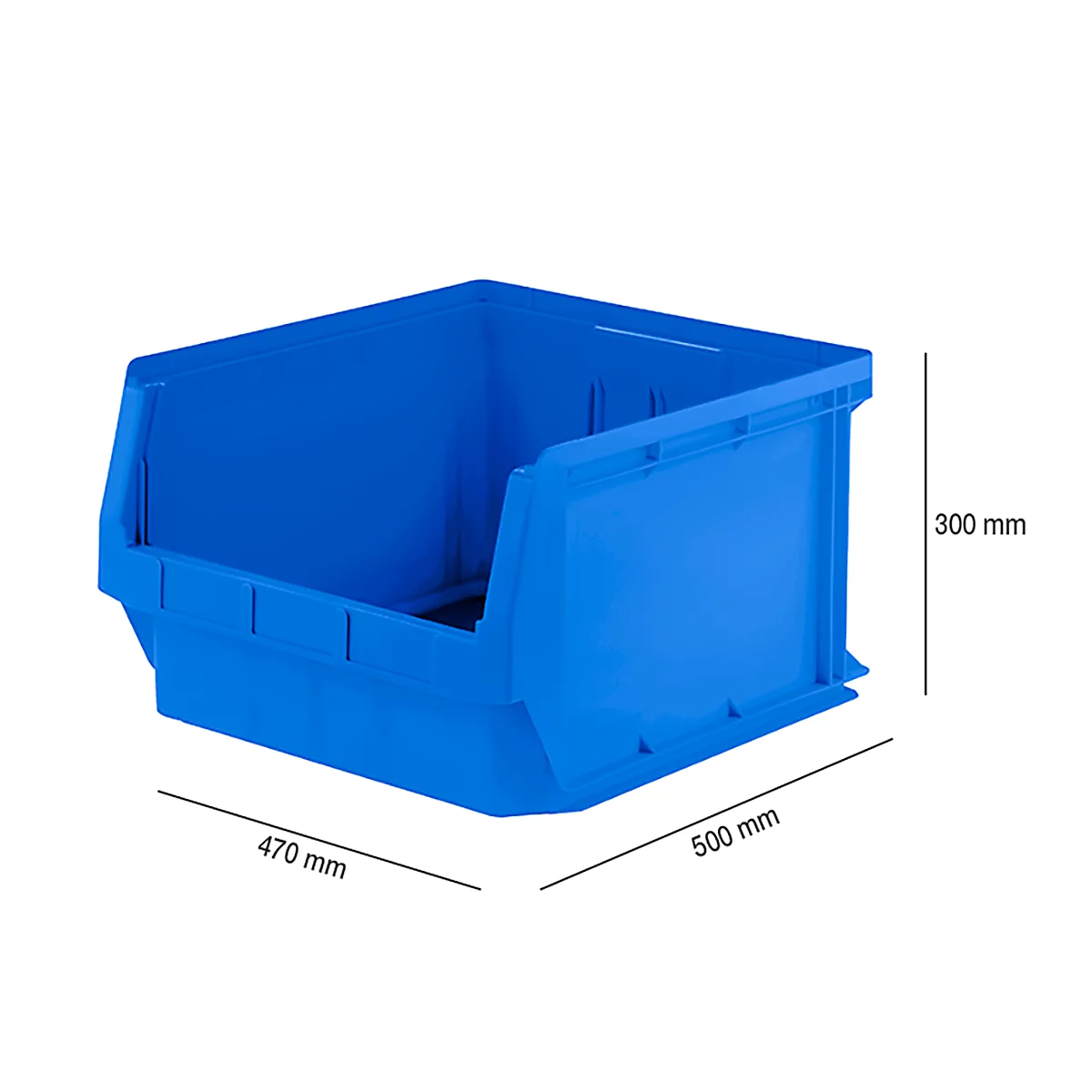 Contenedor de plástico azul. Dimensiones: 470 x 500 x 300 mm.
