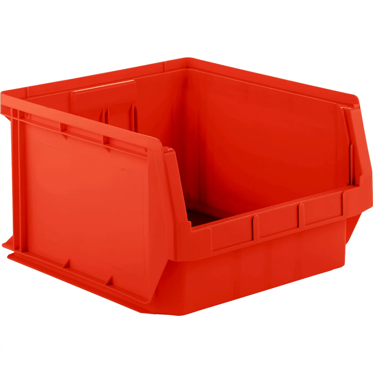 Caja de almacenamiento de plástico rojo, abierta en la parte superior y frontal, para taller o almacén.