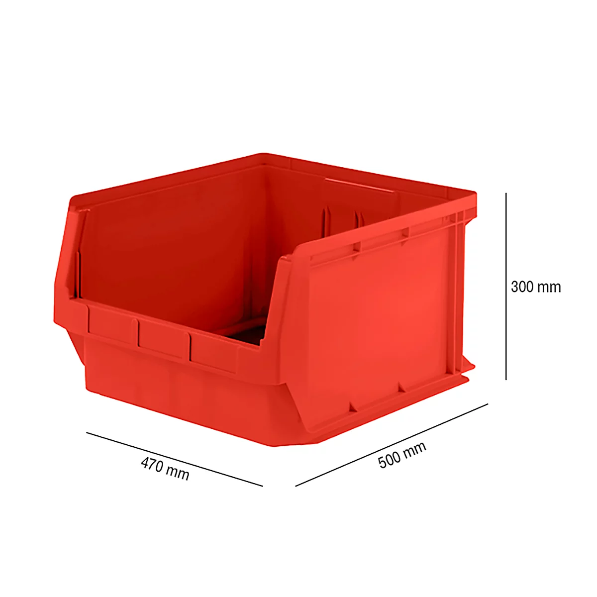Contenedor de almacenamiento rojo. Se indican las dimensiones: 500 x 470 x 300 mm.