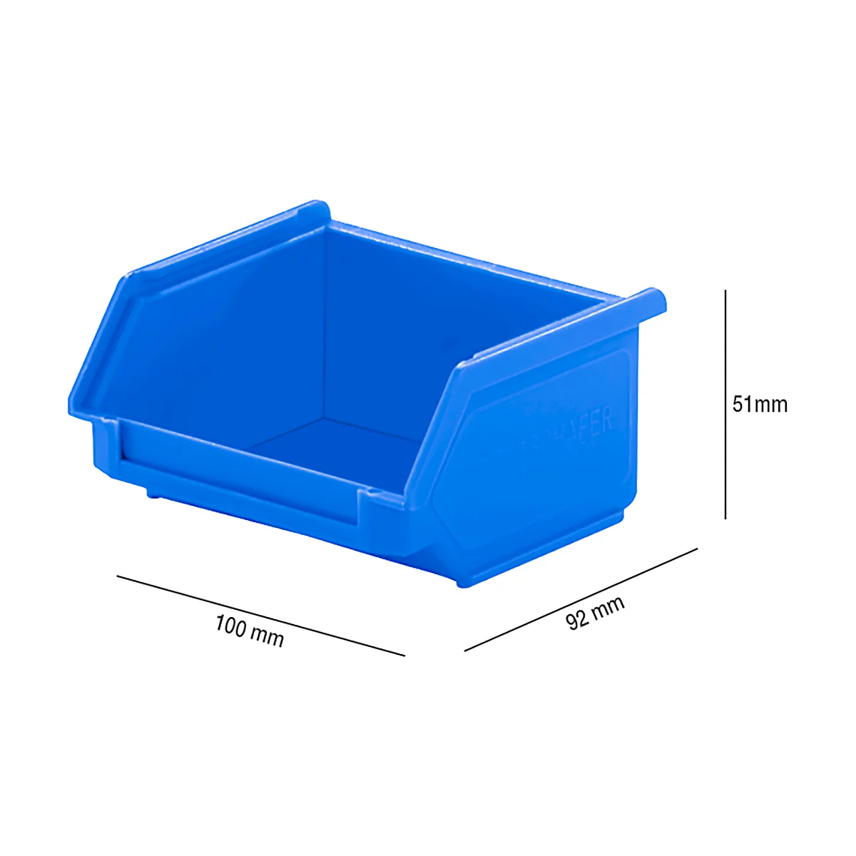 Caja azul de plástico para piezas pequeñas con dimensiones: 100mm x 92mm x 51mm.