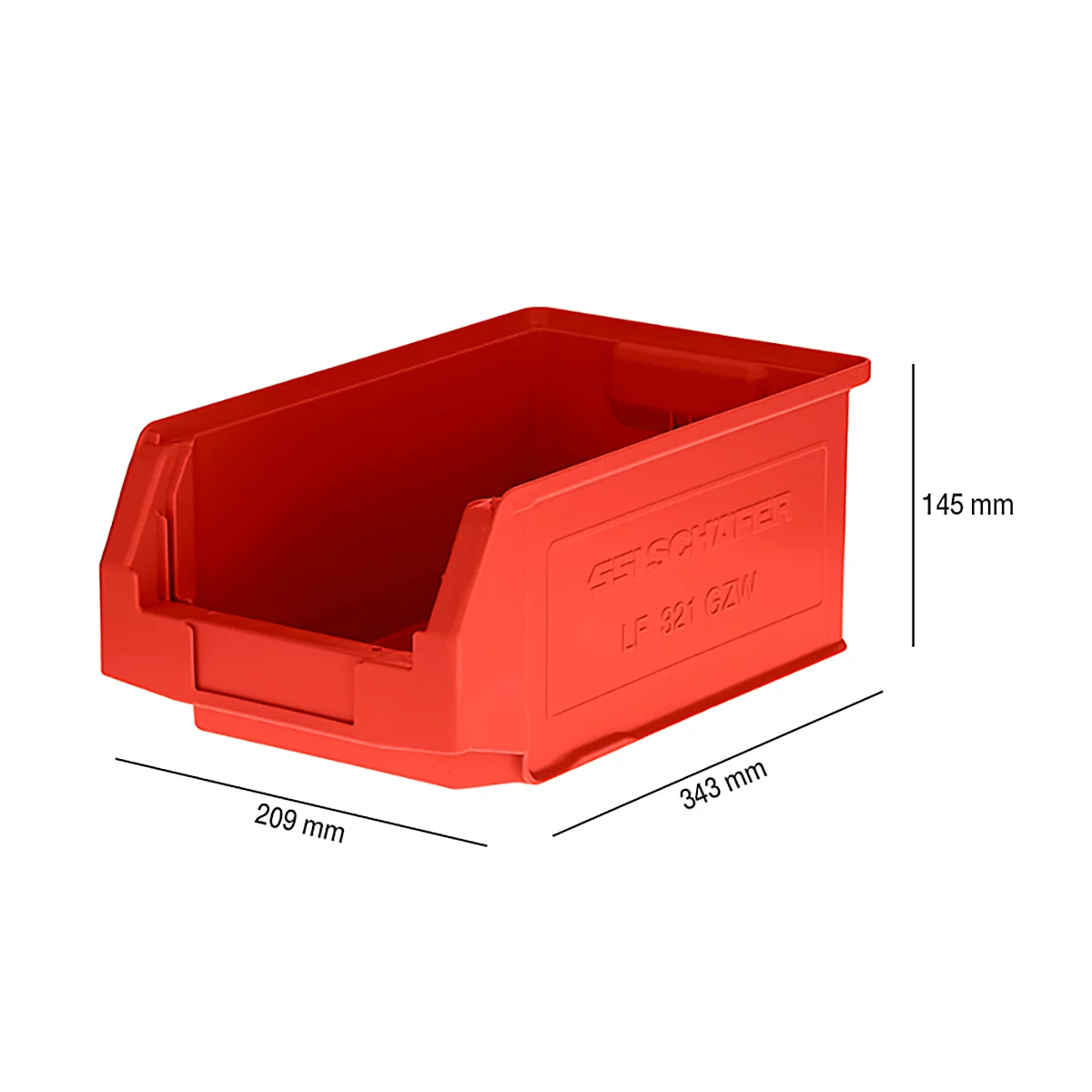 Caja de almacenamiento roja con dimensiones: 209 x 343 x 145 mm. Inscripción: GF SCHWALTER LF 921 GZW.