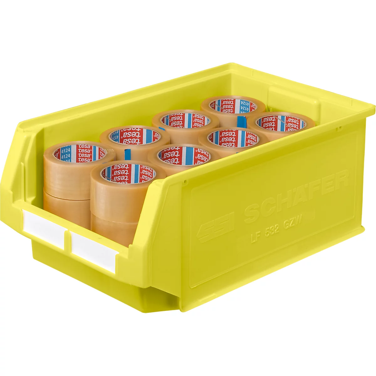 Caja de almacenamiento amarilla llena de cintas adhesivas transparentes. Letras azules y rojas en las cintas.
